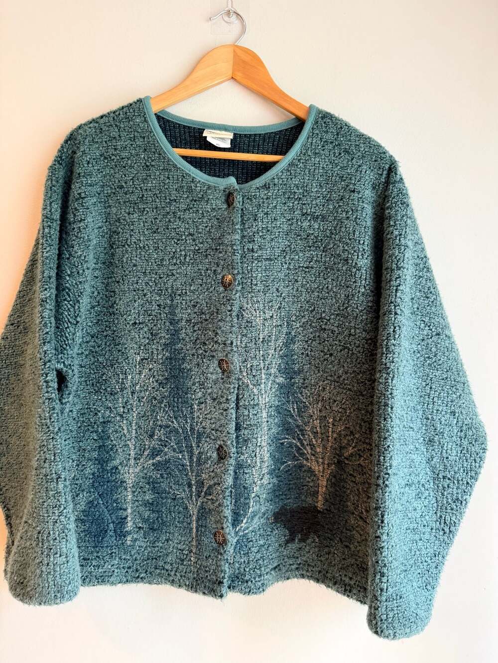 Artisans XL Teal Bear Forest Pattern Button-Up Cardigan